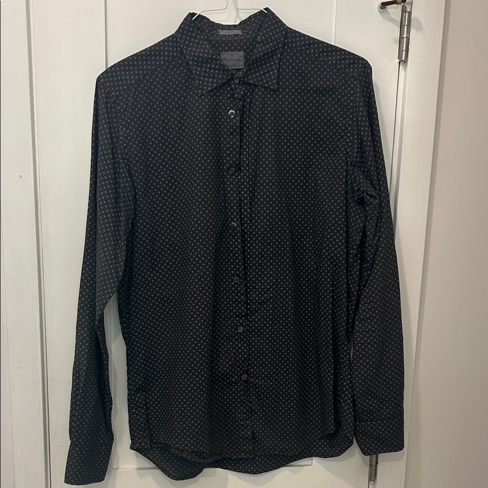Hartford Men's Dark Blue Gray Polka Dot Slim Fit Button Down Shirt 100% Cotton